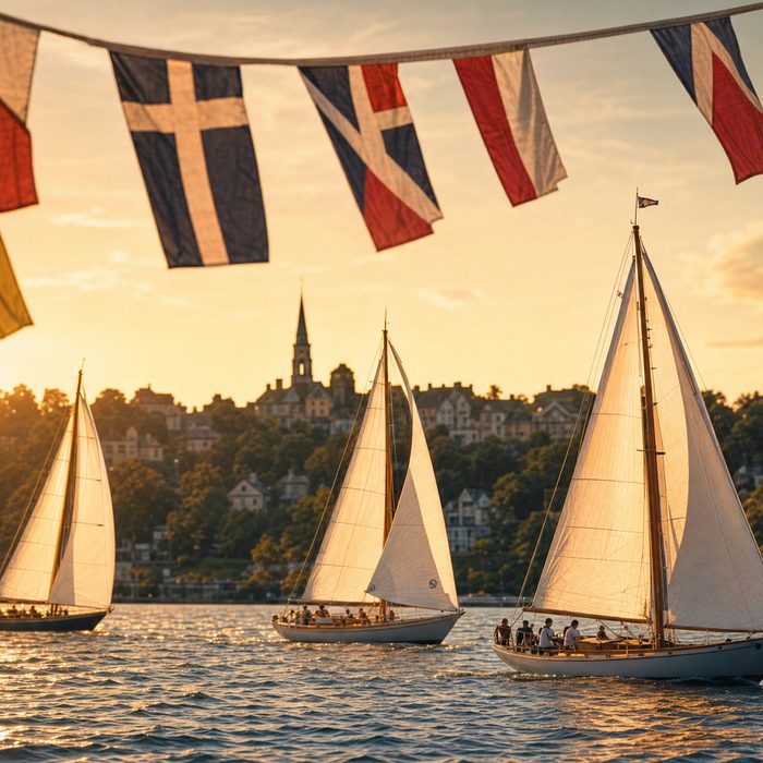Sailboats racing in a harbor regatta